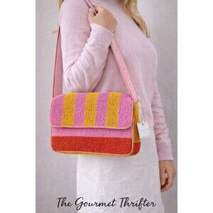 Shiraleah Chicago Beaded Stripe Shoulder Bag Pink Yellow Coral Handbag NWT